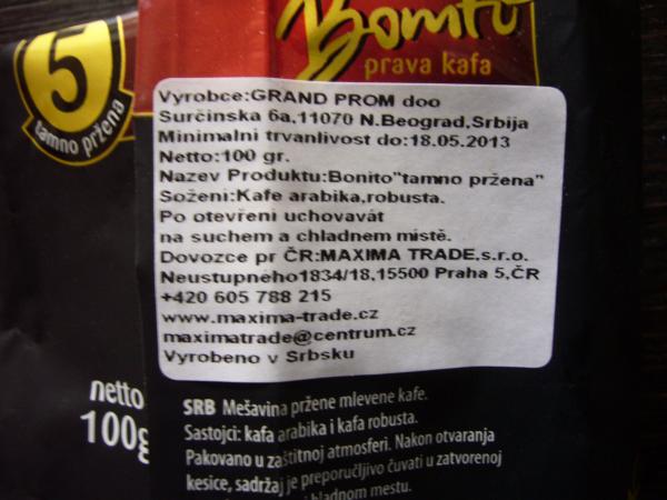 Bonito - Pravá káfa - temno pržena 100g