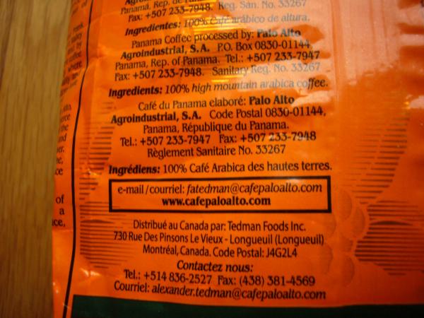 Café Palo Alto - Panama exportation grano 212g - back