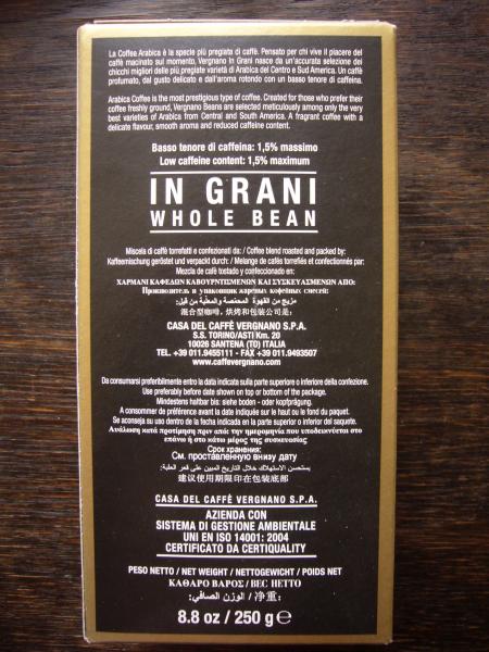 Caffé Vergnano - Coffeebeans 100% Arabica 250g - zadní strana