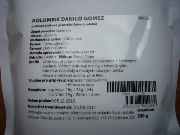 ikona coffee - Kolumbie Danilo Gomez 2016 zrnková 250g - zadní strana cz text